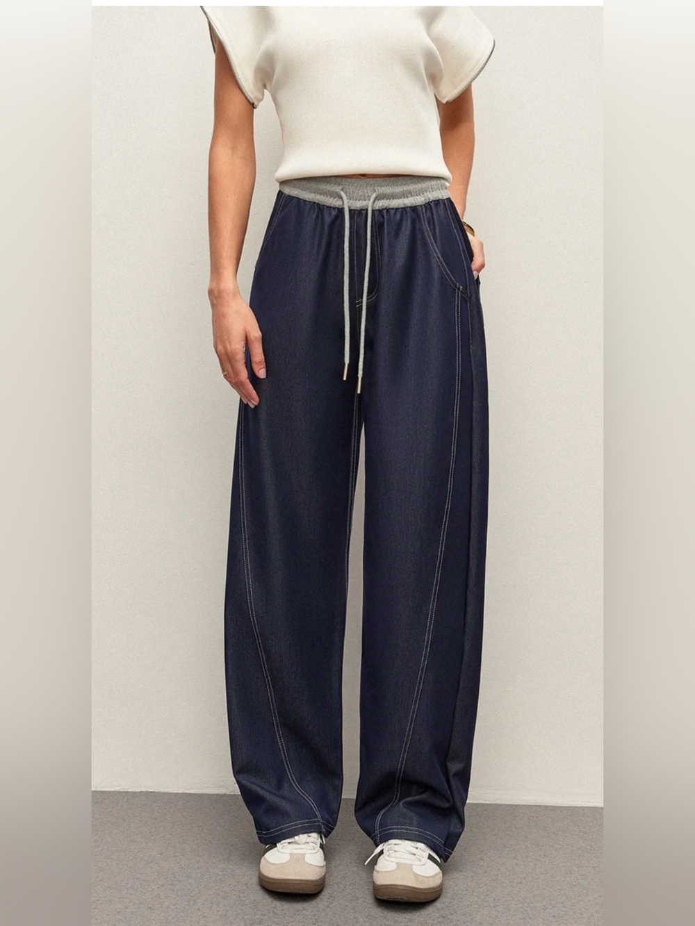 Commense Navy Wide-Leg Drawstring Pants with Gray Waistband